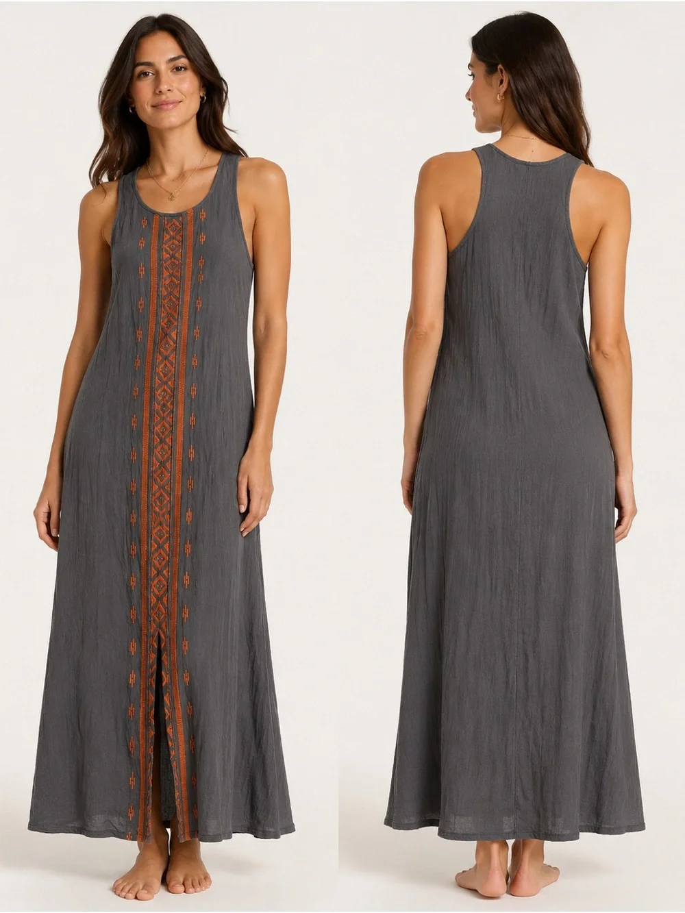 Solitaire Charcoal Maxi Dress with Rust Embroidery - Picture 1 of 2